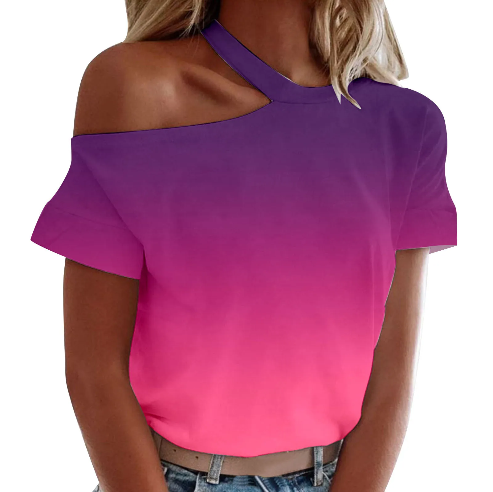

Women tie dry Casual Top Summer Cutout Off Shoulder Short Sleeve Printed female T Shirt Top Clothing Casual Harajuku streetwear