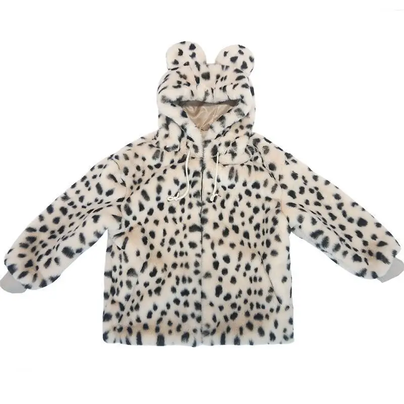 Kawaii Winter Women Faux Fur Coat Leopard Print Plush Hooded Jacket Fashion Cute Sweet Soft Thick Warm Outwear Streetwear 2023