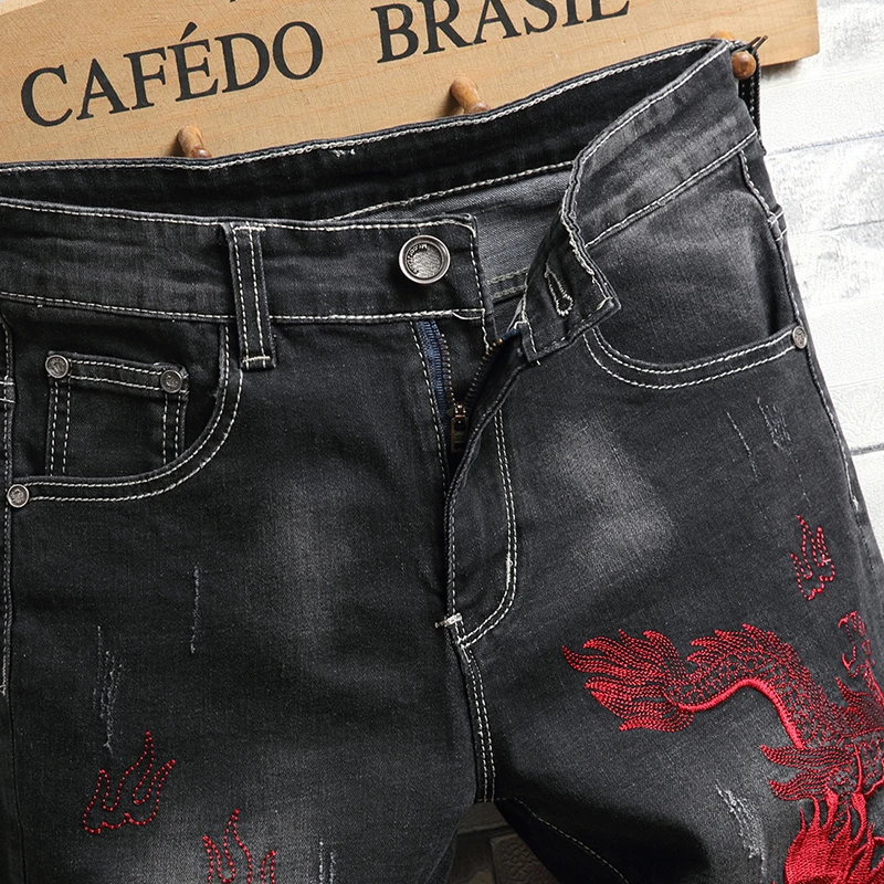 New Men's Denim Shorts Chinese Style Auspicious Yunlong Embroidery Men's Cotton Casual Slim Fit Straight Tube Jeans Shorts