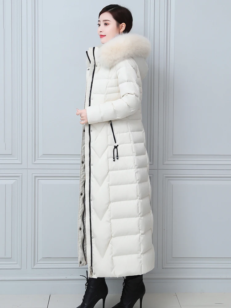 New Women Winter Down Coat Fashion Thicken Warm Real Fox Fur Collar Lengthened Down Jacket Detachable Hooded Slim Overcoat