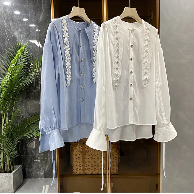 

Chiffon Large Size Women's Blouse Loose Shirt Summer Long Ruffle Sleeves High Street Female Top Fashion Korean Style Clothing