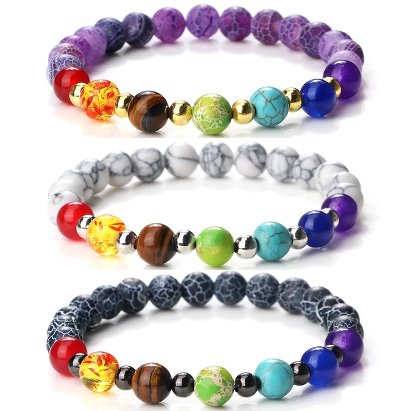 

7 Chakra Energy Beads Bracelets Couple Distance Beads Black Lava Onyx Stone Strand Charm Bracelet Men Women Elastic Rope Jewelry