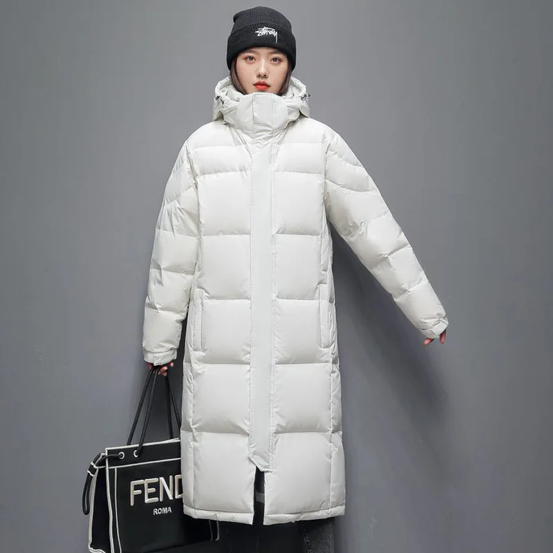Male and female lovers down jacket new winter Korean version of the trend of youth leisure fashion hooded medium long coat