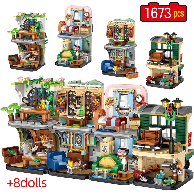 

1673pcs 4 in 1 Mini City Street View Magic House Building Block Friends Wand Herbal Course Figures Bricks Toys for Kids Gifts