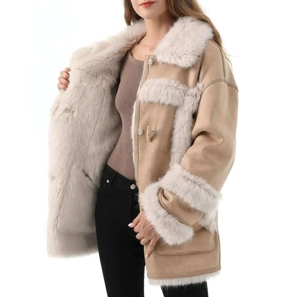 Women Winter Real Suede Long Jacket Single Breasted Lapel Pocket Real Fur Coat Fashion Designer Thermal Elegant women's Clothing