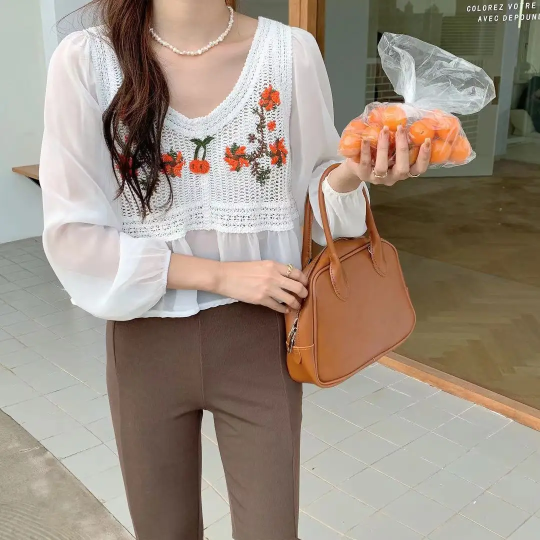 

Crochet Flower Top Cherry Embroidery Blouse Sheer Chiffon Tops Patchwork Long Sleeves Hollow Out Shirt