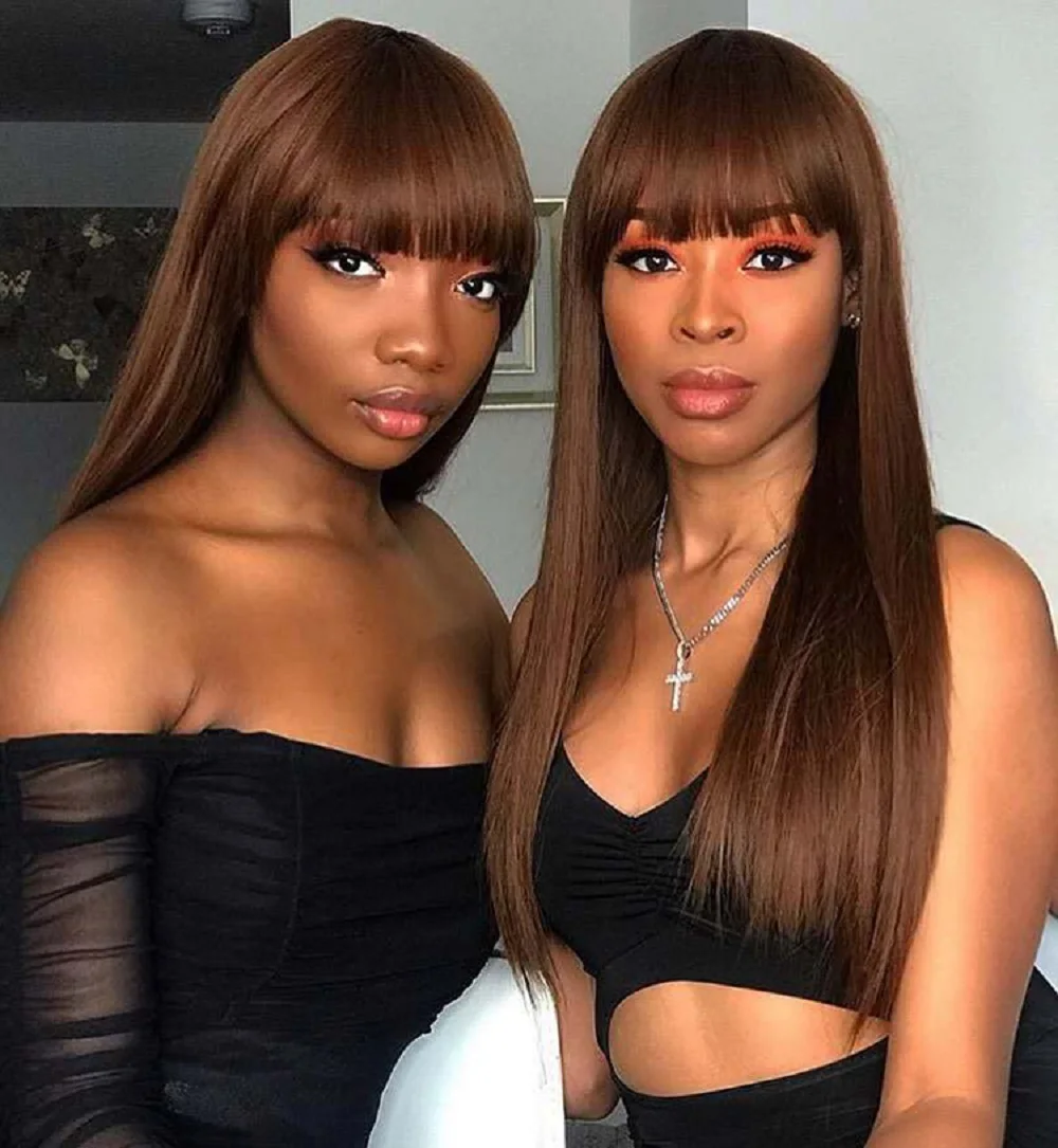 Long Straight Brown Wig With Bangs Fringe Bob Human Hair Wig With Bangs For Women Brazilian Remy Hair Glueless Full Machine Made