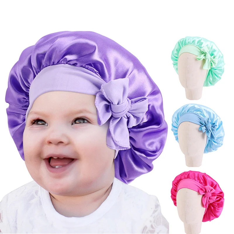 Silky Satin Solid Wide-brimmed Sleeping Hat Girl Night Sleep Hair Cap Care Baby Bonnet Nightcap For Children Unisex Hair Tool