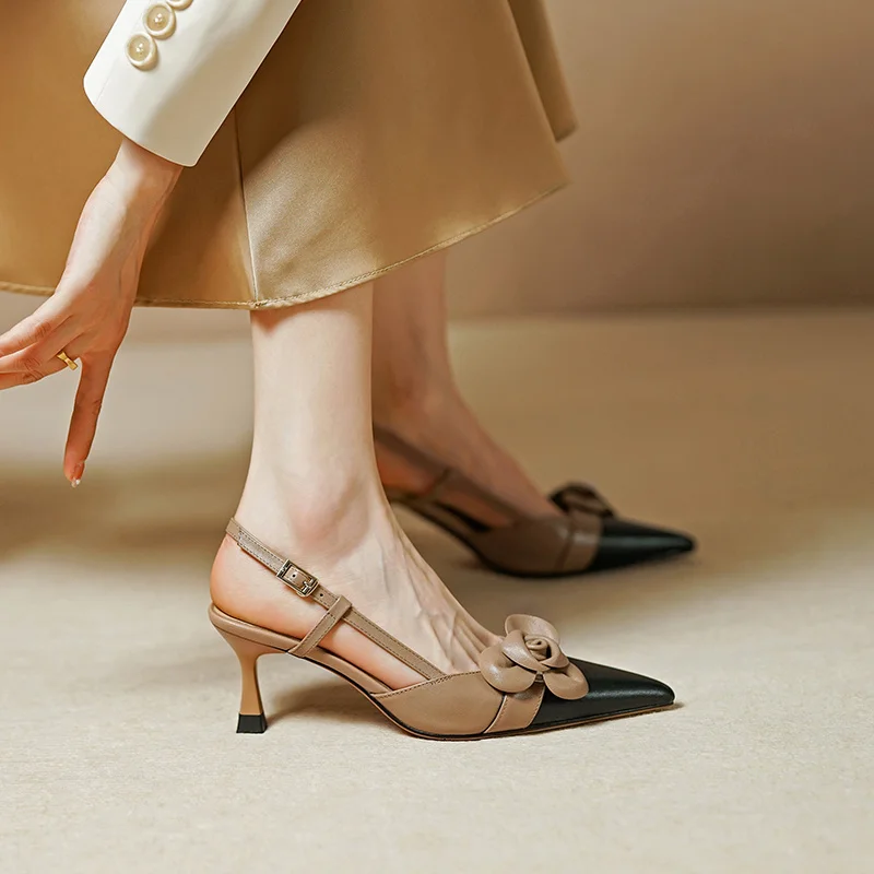 

Women 6.5cm Summer High Heels Flowers Sandals Party Cowhide Sandles Sexy Slingbacks Heeled Apricot Shoes