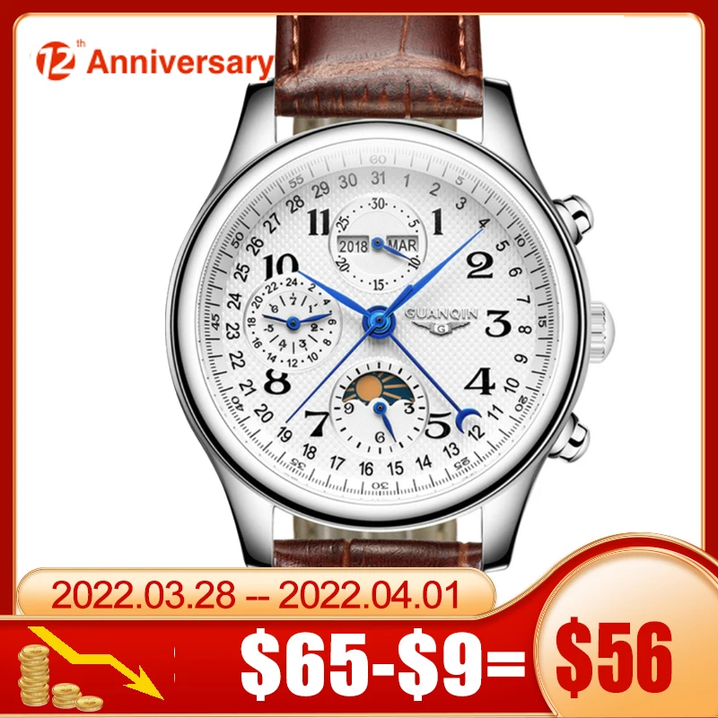 

GUANQIN Relogio Masculino Automatic Sapphire Mechanical Men Watch Waterproof Calendar Leather Wristwatch otomatik erkek saat