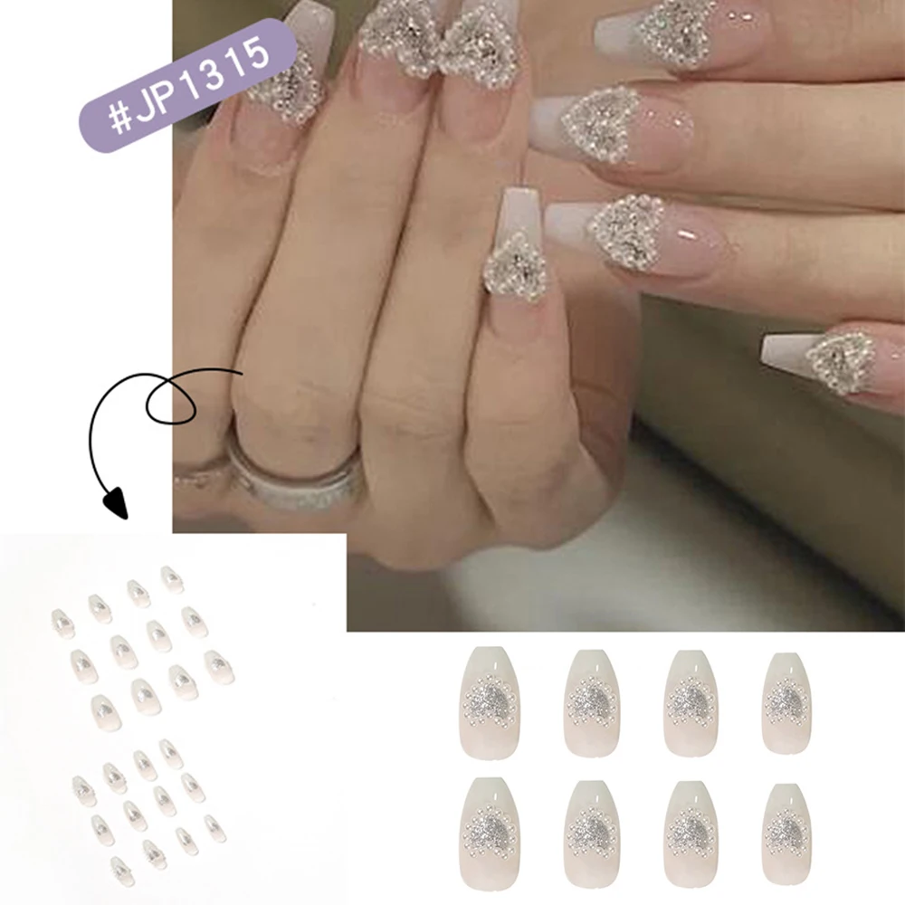 

24PCS Long Press on Nails Cute Pearl Heart Design Fake Nails Full Coverage Nails Sweet Style Removable with Glue/Jelly Gel RP