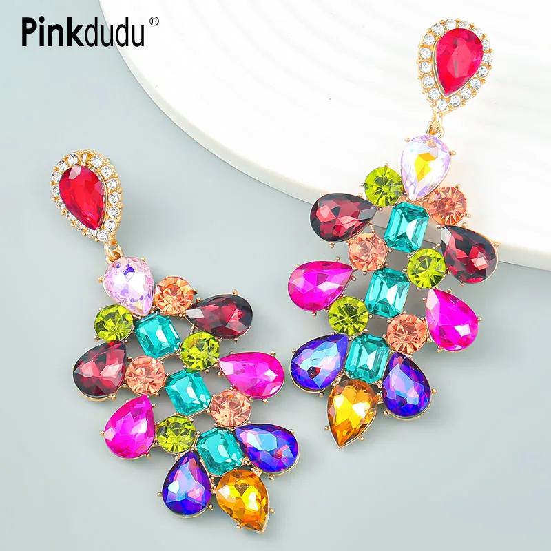 

Pinkdudu Fashion Colorful Rhinestone Flower Drop Earrings Alloy Glass Geometric Earrings for Women Jewelry Gifts PD858