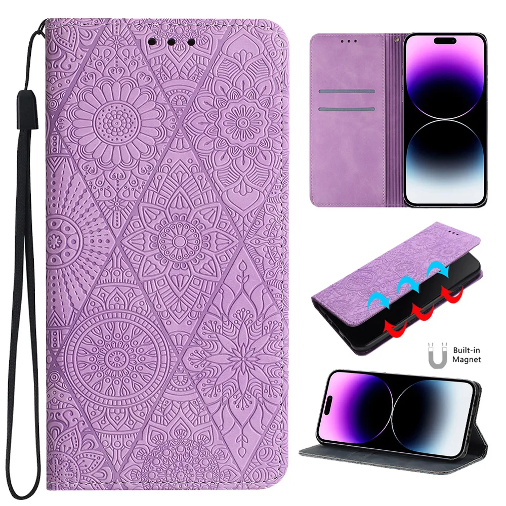 

Lanyard Strong Magnetic Flip Cover for iPhone 11 12 13 14 Pro Max X XR 7 8 Plus Embossed Totem Card Slots Phone Wallet Case
