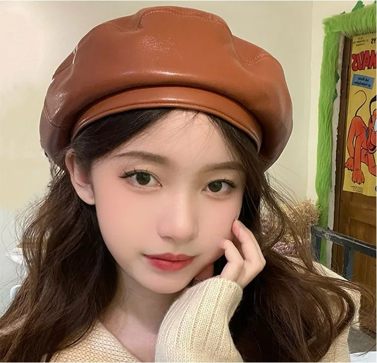 

Leather Beret Children's Spring and Autumn All-Match Literary Hat Hong Kong Style Pumpkin Hat Octagonal Cap Tide