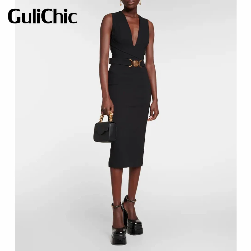 

3.15 GuliChic Fashion Elegant Sexy Deep V-Neck Sleeveless Cross Belt Design Slim Back Zipper Split Midi Dress Women