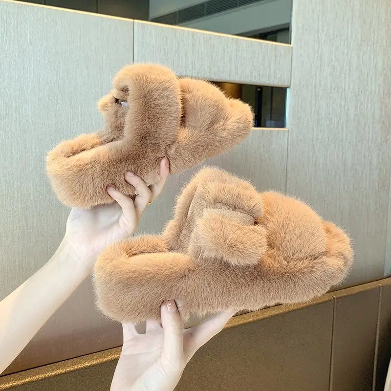 

2022 Winter Keep Warm Women Fur Furry Slippers Home Fluffy Soft Indoor Slides Thick Flats Heel Non Slip Indoor House Shoes E497