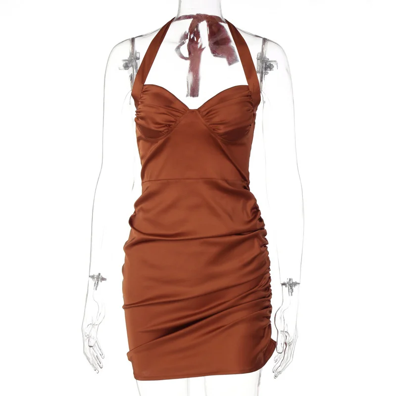 Однотонное атласное платье Zoctuo сексуальное вечернее на шнуровке с лямкой шее