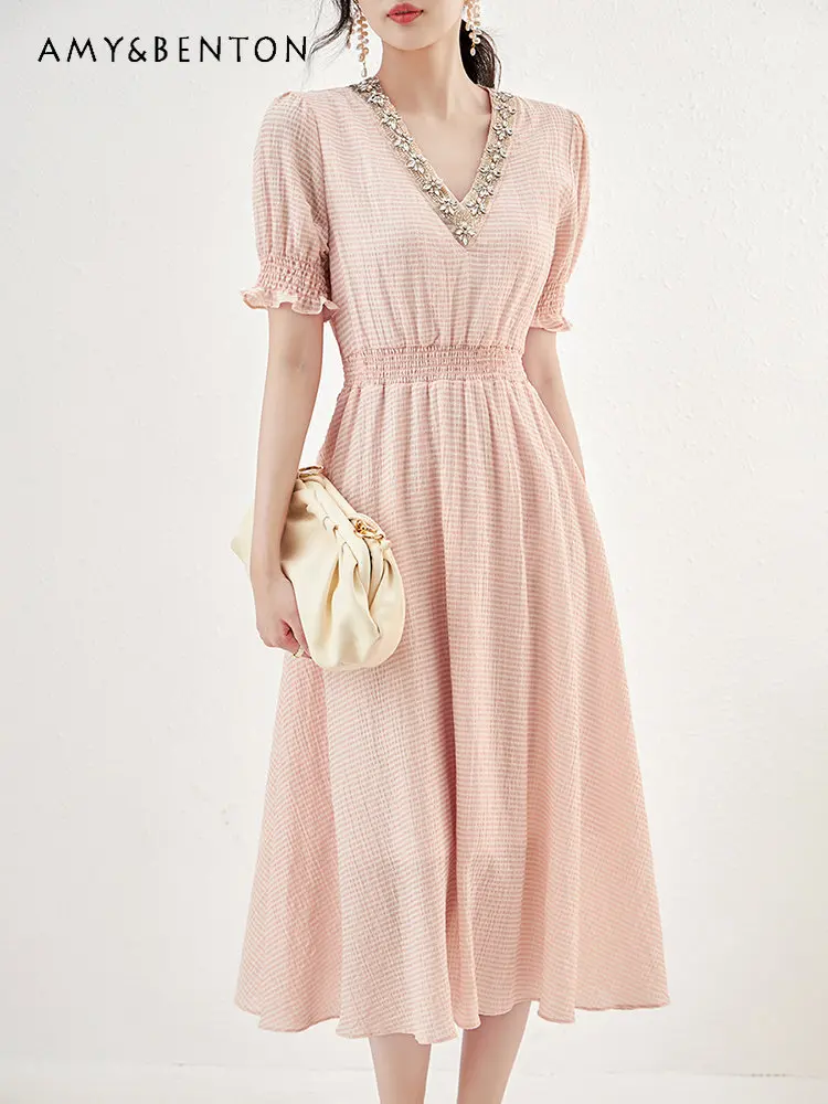 2023 Summer New Women's Clothing Temperament Elegant Beaded V-neck Dress Tight Waist Slimming Mid-Length A- Line Dress