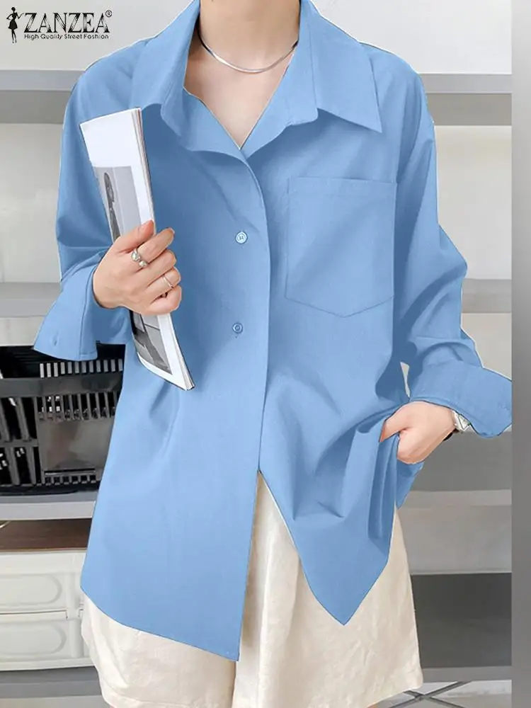 

ZANZEA Fashion Women Lapel Neck Long Sleeve Shirt Elegant Casual Solid Blouse Femininas Loose Tunic Tops Chemise OL Work Blusas