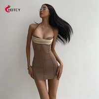 hotcy sexy party wear sleeveless backless halter contrast color mini dress women fashion