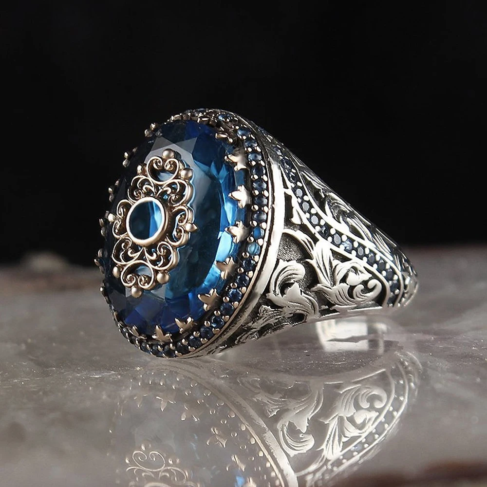 

Retro Handmade Turkish Signet Ring For Men Women Ancient Silver Color Carved Ring Inlaid Blue Zircon Party Punk Motor Biker Ring