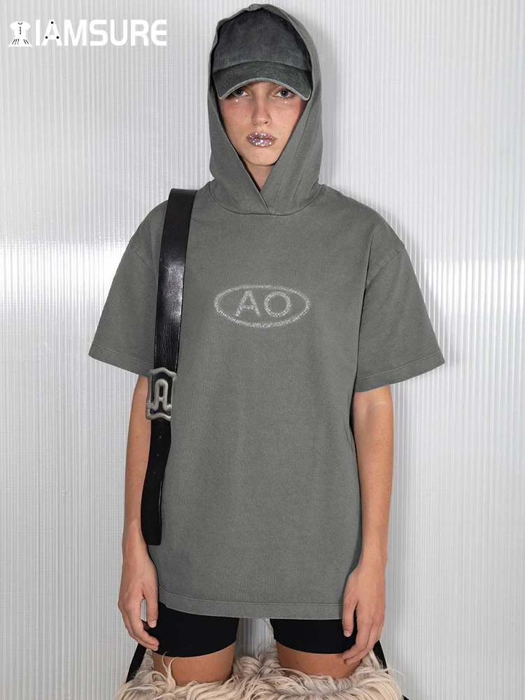 

IAMSURE Casual Streetwear Basic Hooded Long T Shirt Sporty Loose Solid Short Sleeve Tees Women 2023 Summer Fashion Ladies