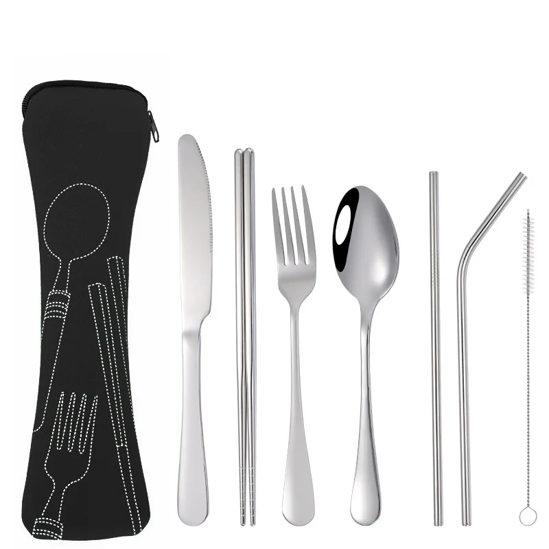 

7Pcs/Set Dinnerware Portable Printed Knifes Fork Spoon Stainless Steel Family Camping Steak Cutlery Tableware with Bag