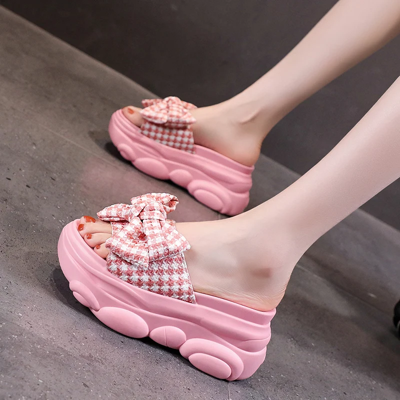 

House Slippers Platform Shoes Woman 2023 Loafers Butterfly-Knot Luxury Slides On A Wedge Increased Internal Pantofle Heeled Mule