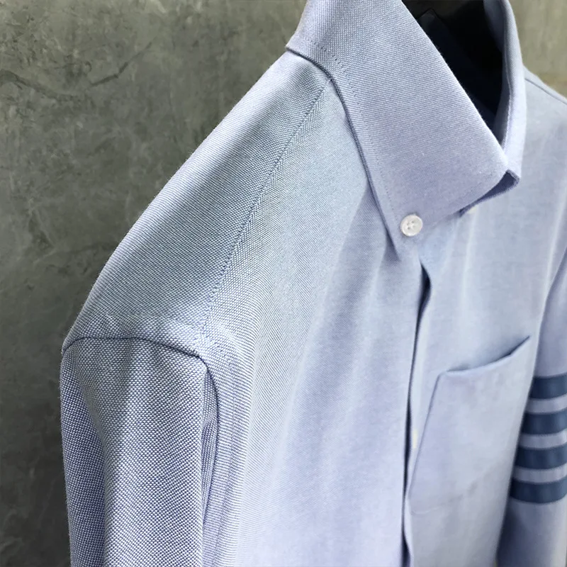 TB Man Shirt Fashion Shirt Single-sleeved Oxford Blue Casual Business Slim-fit Lapel Single-breasted Shirt College Student Dress