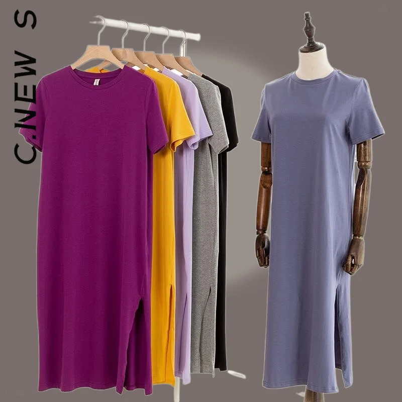 

C.New S Women Dress Fashion Short Sleeve Spilt Long Midi Dress Robe Stylish Simple Party Dresses Female Dress Woman Vestidos