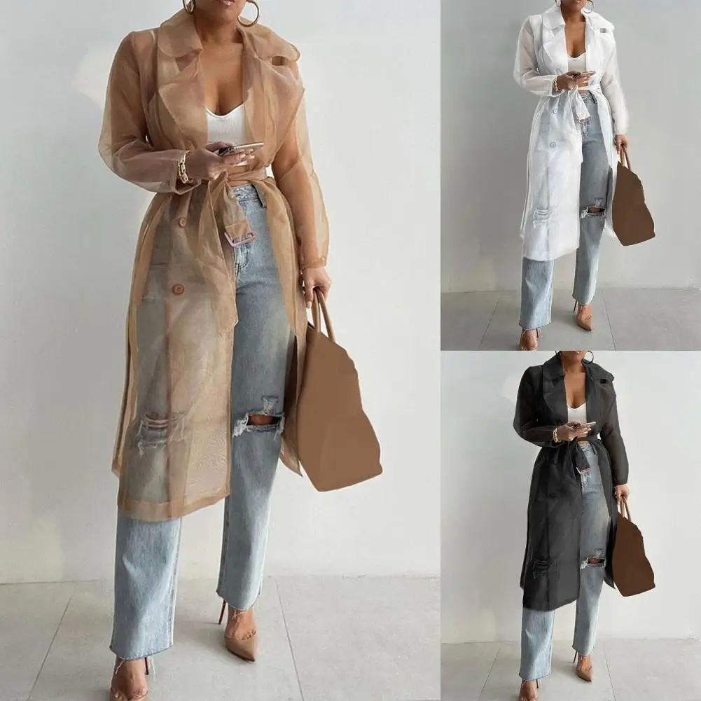 

Shirt Coat Net Yarn See Through Spring Summer Lace-up Long Shirt for Daily Wear