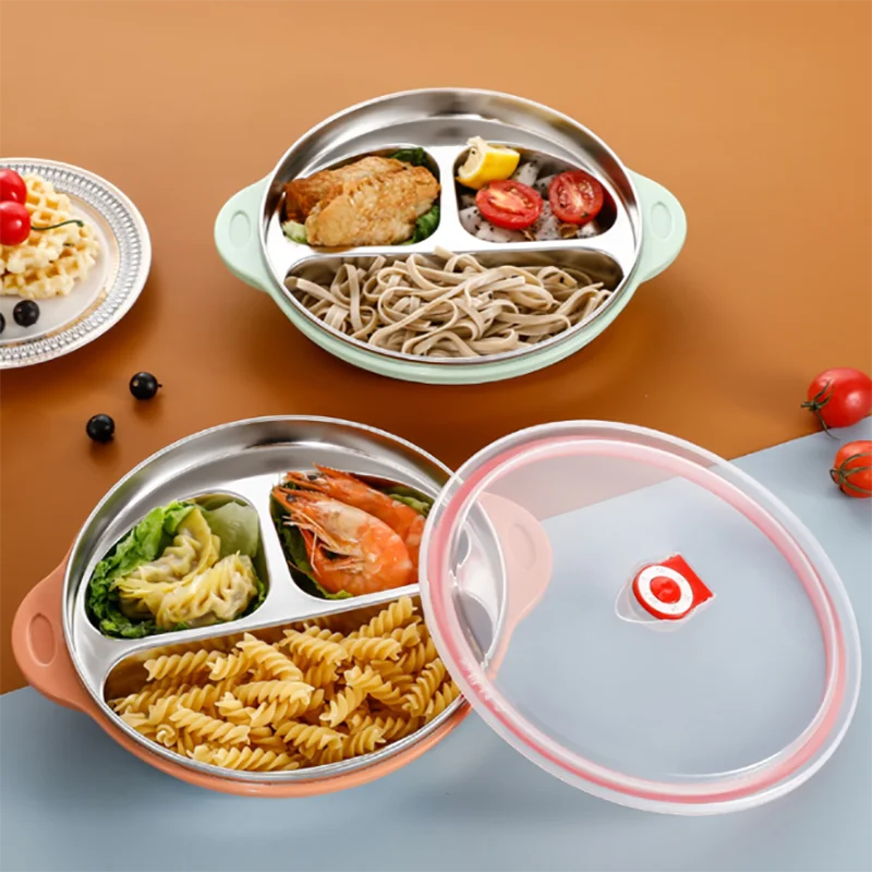 

304 Stainless Steel Kids Divided Plate Cute Cartoon Round Tableware Kawaii Bowl Kindergarten Canteen with Lid Lunch Box