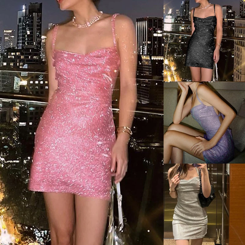 

Экипировка 90-х годов, блестящее платье с воротником-хомутом и блестками на шнуровке, Клубная одежда Y2K, сексуальное облегающее мини-платье на бретелях с открытой спиной, искусственная ткань