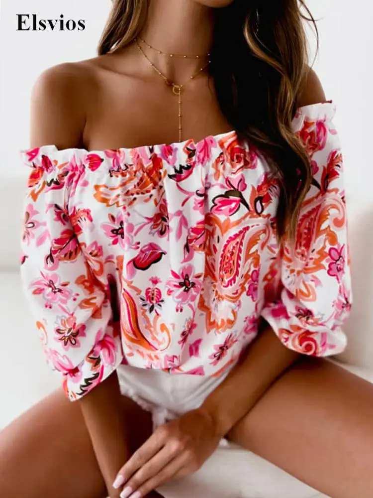 

Fashion Boho Print Long Sleeve Ruffle Blouse Shirt Sexy Off Shoulder Office Lady Shirt Elegant Slash Neck Women Beach Tops Blusa