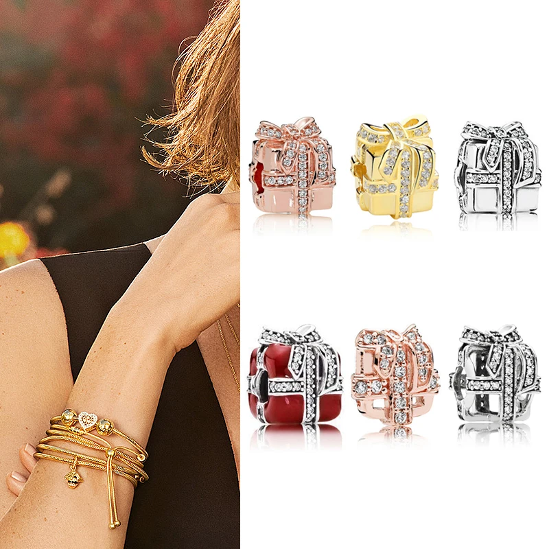 

Original 925 Sterling Silver Bead Rose Gold Christmas Gift Box With Beads Fit pan Women Bracelet & Necklace Diy Jewelry