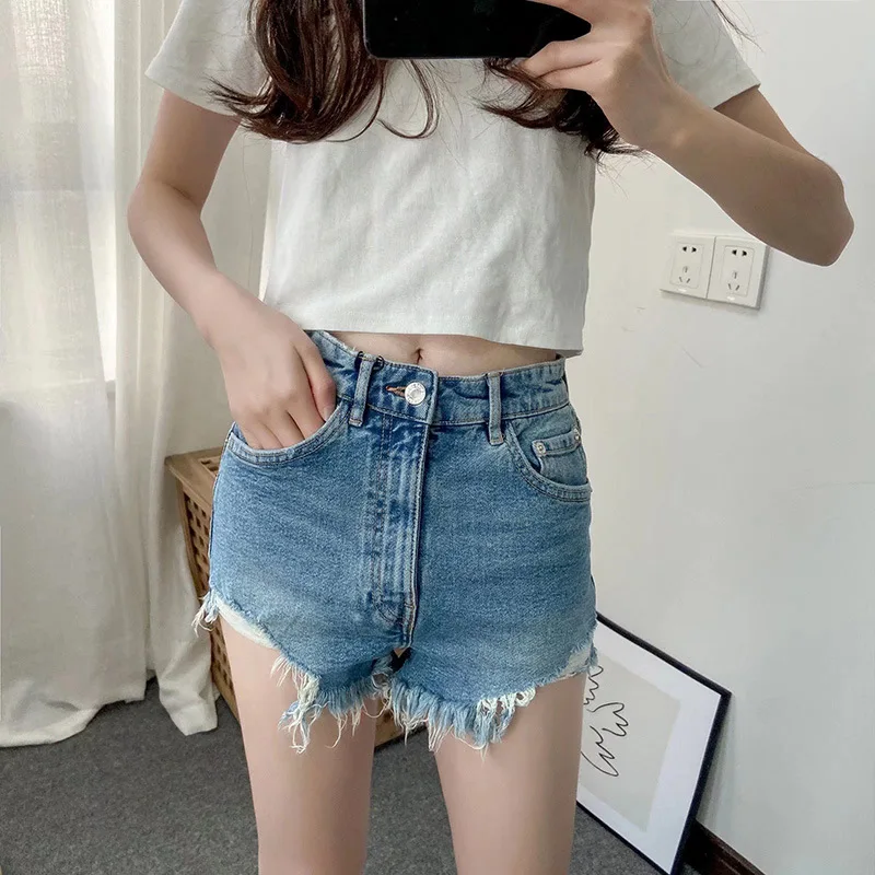 

WeiYao Summer Sexy Women High Waist Shows Thin Denim Shorts Fashion Ladies Green A-shaped Ripped Jeans Hot Short Pants