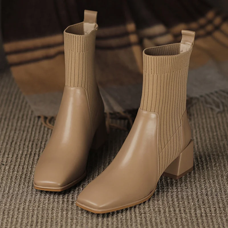 2023 Autumn Winter New Ankle Socks Shoes Women Fashion Large Size 42 Knitted Short Boots Women Slip on High Heels Botas De Mujer