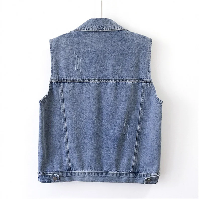 

Blue Vintage Frayed Big Pocket Denim Vest Women Loose Short Waistcoat Cowboy Sleeveless Jacket Coat Korean Jeans Vests Female