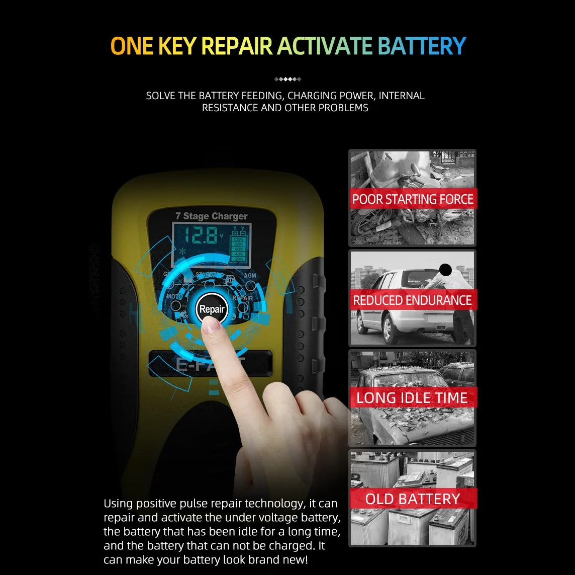 E-Fast 12 В 7-ступенчатое свинцово-Кислотное зарядное устройство для нескольких