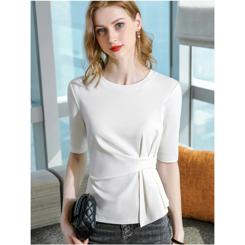 

New Women Half Sleeve T-shirt Autumn Fashion Chic Folds Design O-Neck Patchwork Asymmetric Tee Tops Soft Slim T-shirt