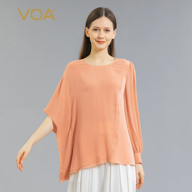 

VOA Silk 30m/m Heavy Cherry Pink Round Neck Asymmetric Sleeves Three-dimensional Solid Color Two Fabrics Stitching T-shirt BE996