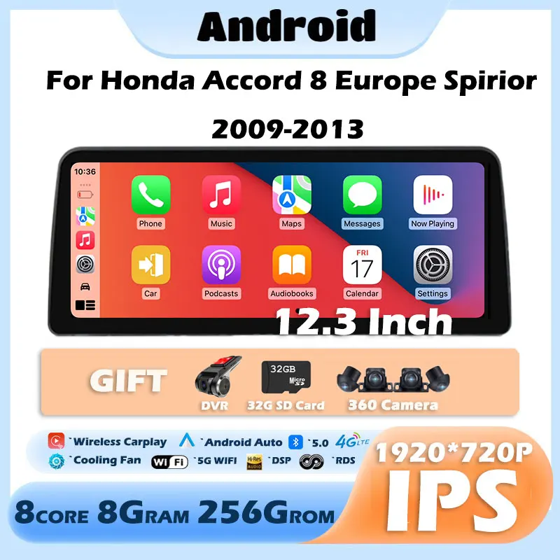 

12.3 Inch Android 13 For Honda Accord 8 Europe Spirior 2009-2013 Octa Core 8+256G Car Multimedia Player Stereo BT Carplay Wifi