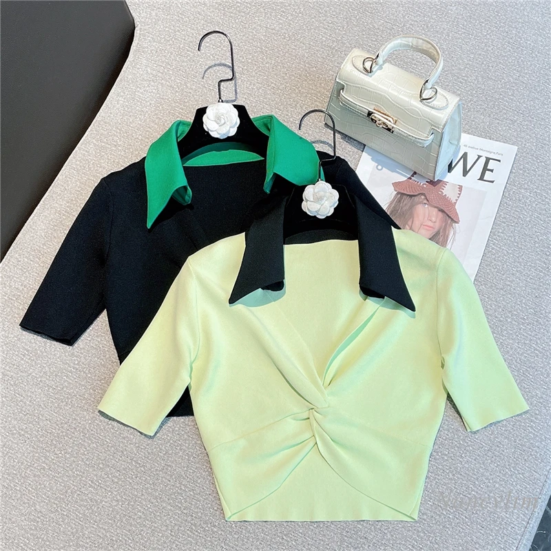 

2022 Summer New Korean Style Sweet T-Shirt for Women Contrast Color Sexy V-neck Short Slim Fit Knitted Crop Top