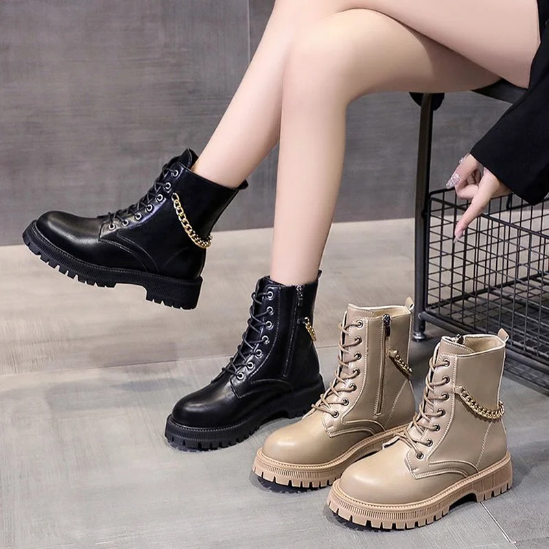

Autumn Ankle Boots For Women Motorcycle Boots Chunky Heels Casual Lacing Round Toe Platform Boots Shoes Female boots New 2022