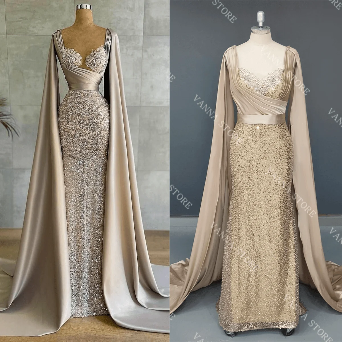 

14335#VAN Glitter Beading Sequined Arabic Evening Dresses with Cape Ruched Lace Sweetheart Prom Party Formal Women Prom Gowns