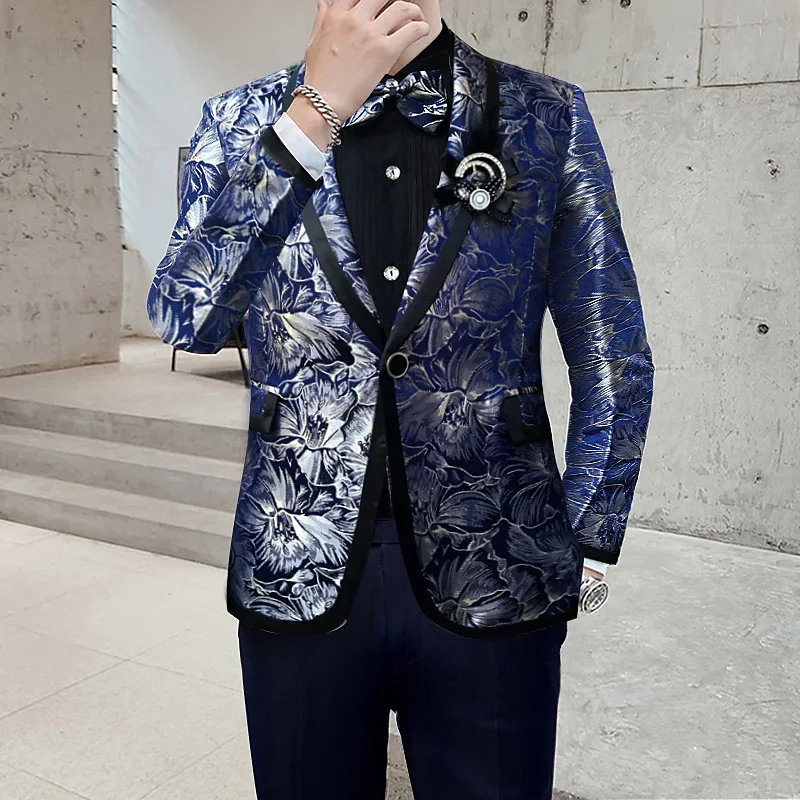 

Blue Men's Halloween Party Tuxedos 2 Piece Shawl Collar Floral Print Tailored Fit Single Breasted One-button 2022