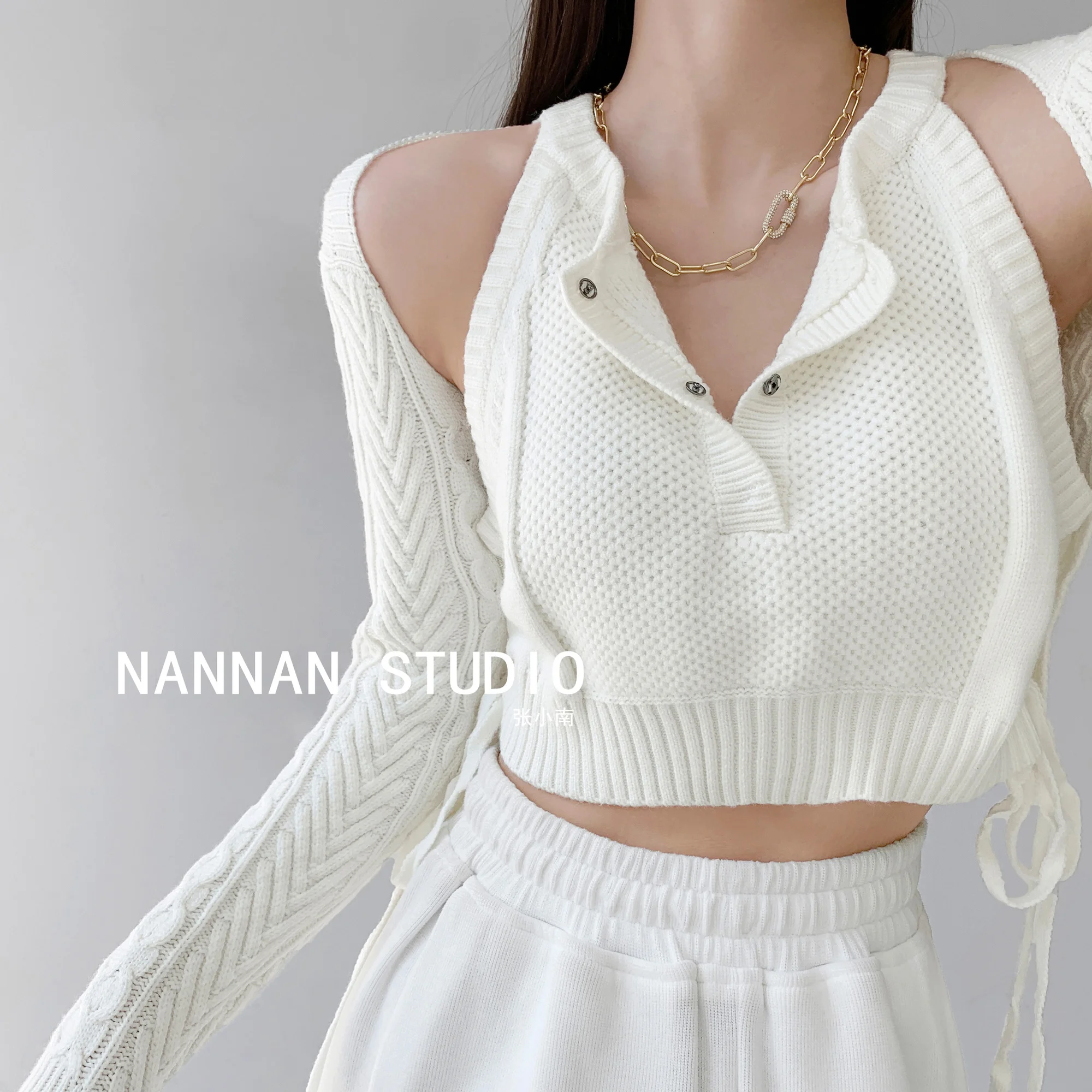 

Women Top Knitting Two Piece Sweater Short Slim Neck Top Off Shoulder Long Sleeve Blouse Coat