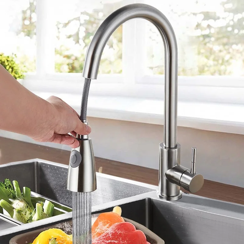 

Pull Down Kitchen Faucet Kitchen Pull-out Vegetable Basin Stainless Steel Telescopic Rotating Super-long Telescopic Faucet
