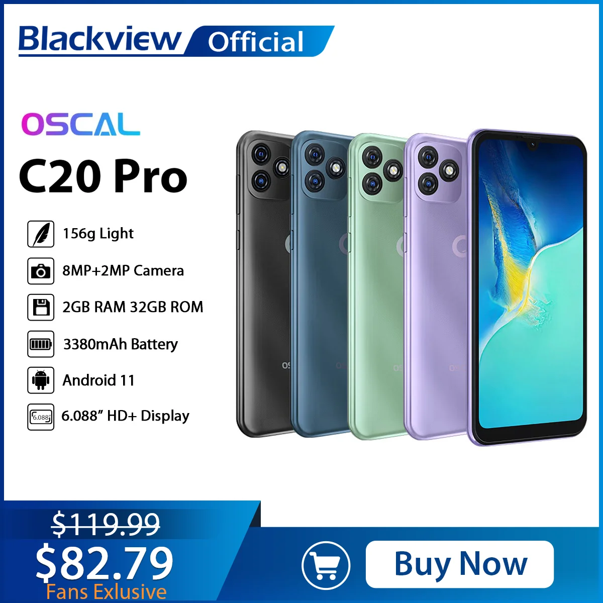 Blackview OSCAL C20 Pro Smartphone Octa Core Cellphone Android 11 Face Unlock 2GB 32GB Mobile Phone 3380mAh Dual 4G LTE Celular