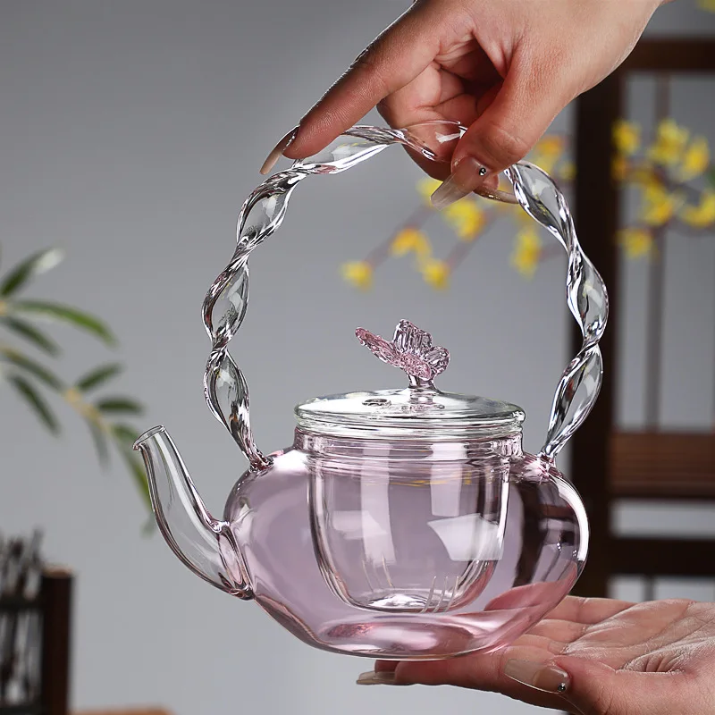 

700ml Glass Boiling Teapot High Temperature Resistant Heating Bubble Teapot Simple Twist Pattern Lifting Beam Kettle Household